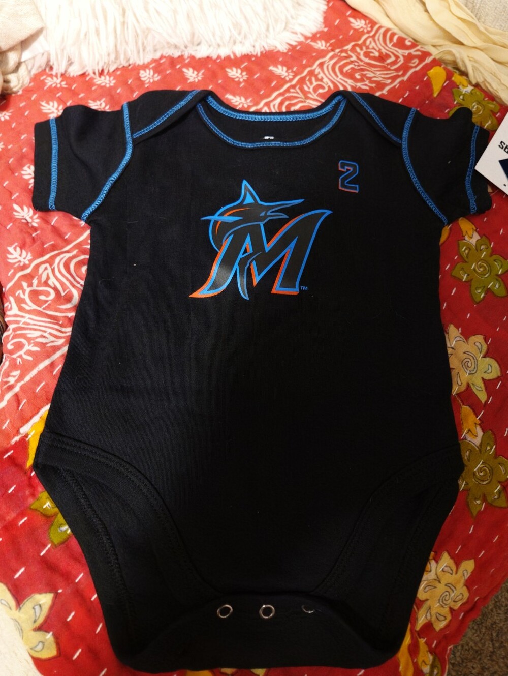MLB Miami Marlins Black Baby One-Piece with Blue and Orange Logo. 3-6 Mo